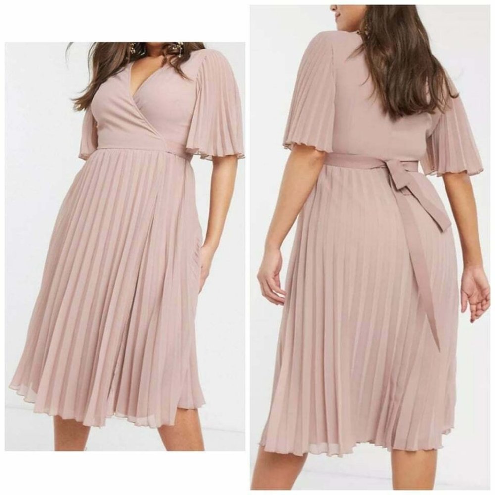 ASOS DESIGN Curve Exclusive Size 18 Dusty Pink Pleated Kimono Sleeve Midi Dress